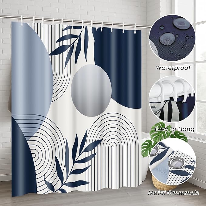 Bathroom Sets with Shower Curtain and Rugs, 4 Pcs, Boho Leaf | Abstract Mid Century Geometric Bathroom Decor Set with Toilet Lid Cover, Non-Slip Bath Mats and Accessories 12 Hooks