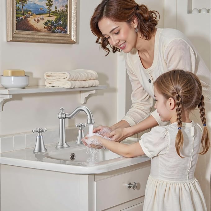 Hurran 8 Inch Widespread Bathroom Sink Faucet Brushed Nickel, 3 Hole 2 Cross Handles Classic Vintage Antique Faucet with Metal Pop Up Drain and Supply Hoses for Vanity, RV, Farmhouse