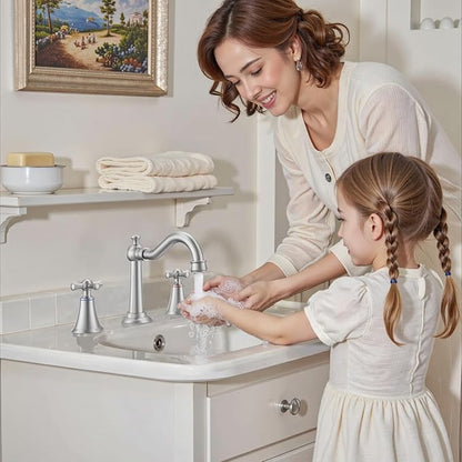 Hurran 8 Inch Widespread Bathroom Sink Faucet Brushed Nickel, 3 Hole 2 Cross Handles Classic Vintage Antique Faucet with Metal Pop Up Drain and Supply Hoses for Vanity, RV, Farmhouse