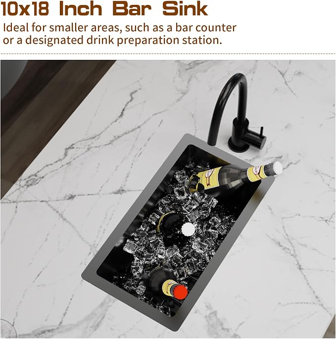 Black 10x18In Stainless Steel Kitchen And Bar Sink, Undermount, Single Bowl | Small Kitchen And Bar Sink Set, Include SS Grid,Silicone Mat And Drain Assembly, Ideal Choice For Small Space