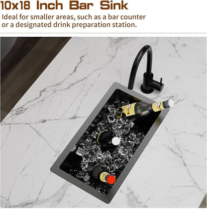 Black 10x18In Stainless Steel Kitchen And Bar Sink, Undermount, Single Bowl | Small Kitchen And Bar Sink Set, Include SS Grid,Silicone Mat And Drain Assembly, Ideal Choice For Small Space