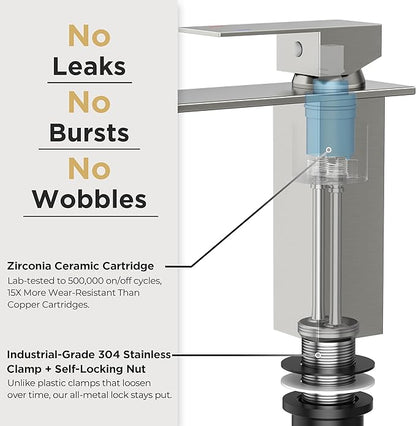 FORIOUS Bathroom Faucet Brushd Nickel Modern Waterfall Bathroom Sink Faucet 1 or 3 Hole Single Handle with Deck Plate and Drain, Suitable for Vanity Rv Camper Commerical