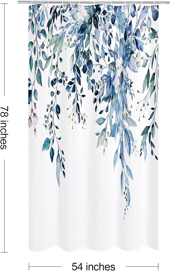 Blue Eucalyptus Shower Curtain, Watercolor Floral Print, 54x78 | Watercolor Plant Leaves Floral Print, Stall Waterproof Fabric Bathroom Decor, Machine Washable, Rustproof Grommets