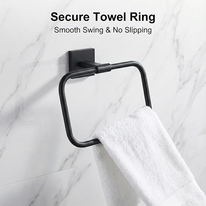 16 in 5-Piece Bathroom Hardware Set, Matte Black | SUS304 stainless steel, towel bar, towel ring, toilet paper holder, 2 robe hooks, hidden screw mount