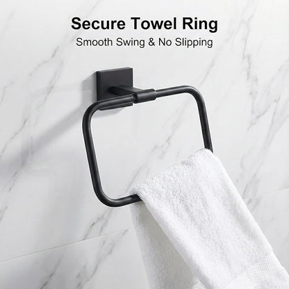 16 in 5-Piece Bathroom Hardware Set, Matte Black | SUS304 stainless steel, towel bar, towel ring, toilet paper holder, 2 robe hooks, hidden screw mount