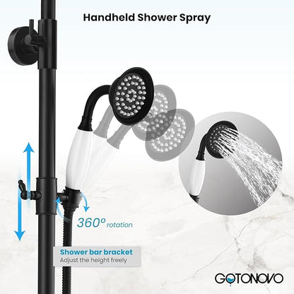 gotonovo Matte Black 8 inch Rainfall Shower Head Dual Functions Wall Mounted Exposed Shower Faucet with Shower Shelf Double Cross Handles With Adjustable Ceramics Handheld Sprayer Shower Shower System