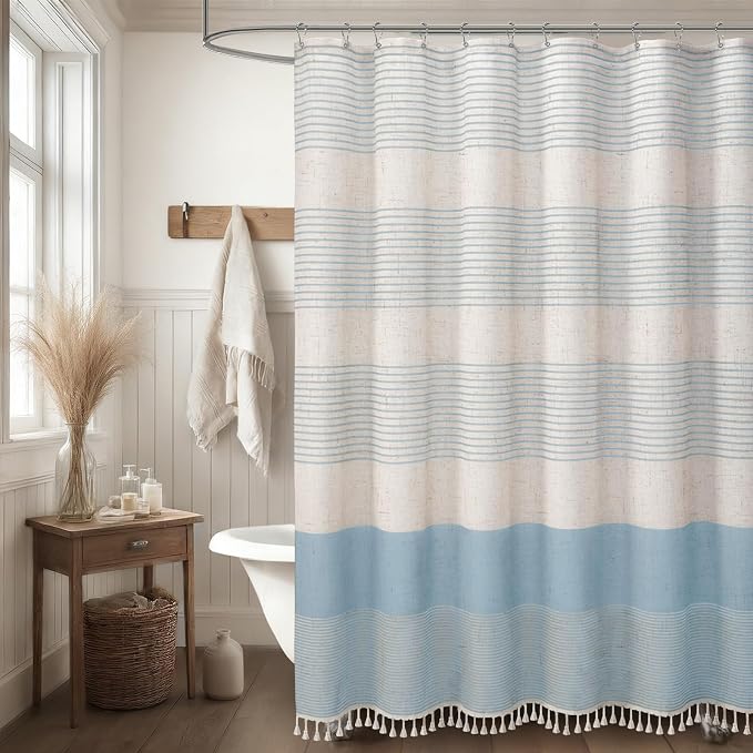Aqua Blue Coastal Ocean Linen Striped Shower Curtain with Tassel 72W X 72L | Boho Farmhouse Shower Curtains with Linen Texture for Bathroom Decor