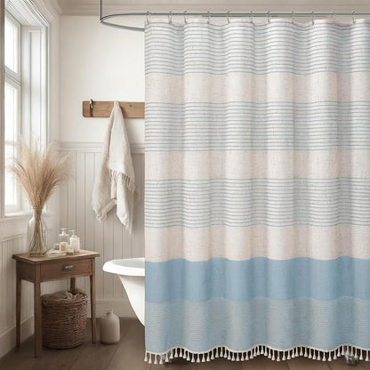 Aqua Blue Coastal Ocean Linen Striped Shower Curtain with Tassel 72W X 72L | Boho Farmhouse Shower Curtains with Linen Texture for Bathroom Decor