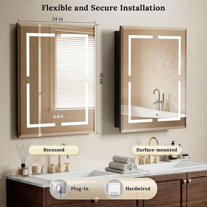 24"X30" Bathroom Medicine Cabinet with Mirror, LED Lighted Medicine Cabinet with Anti-Fog, 3 Colors Temperature Stepless Dimmable, Metal Cabinet for Storage and Mordern Decor, Black