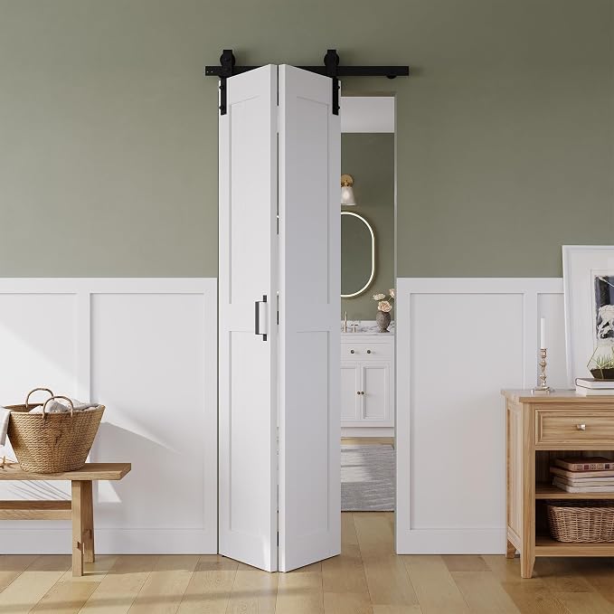SMARTSTANDARD Bifold Barn Door 32" x 84", MDF Bi-Fold Sliding Closet Doors | Hardware Kit Included, Pre-Finished Easy Assembly, Water-Proof PVC Surface & Save Space, H-Frame, 36" Track for 2 Doors