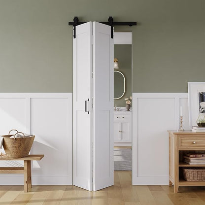 SMARTSTANDARD Bifold Barn Door 32" x 84", MDF Bi-Fold Sliding Closet Doors | Hardware Kit Included, Pre-Finished Easy Assembly, Water-Proof PVC Surface & Save Space, H-Frame, 36" Track for 2 Doors