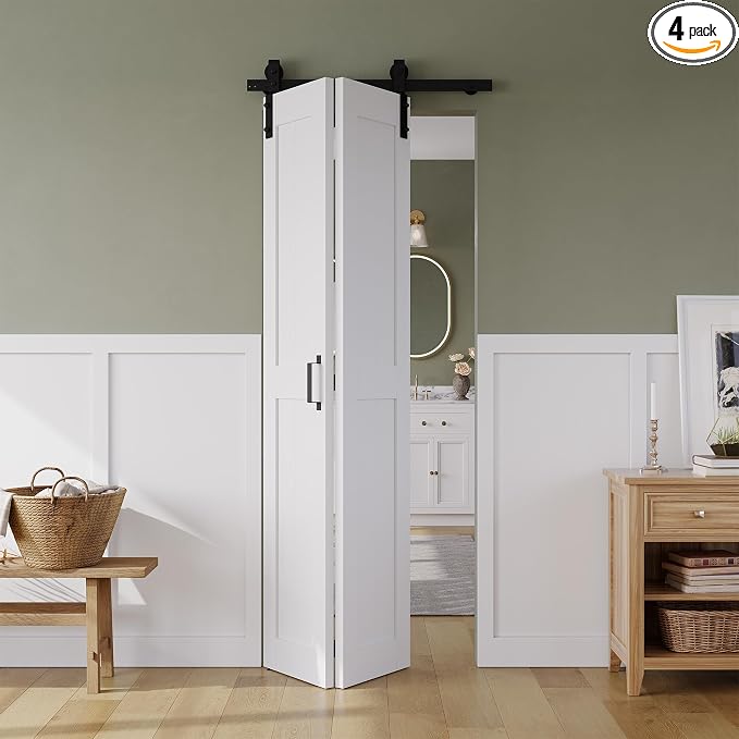 SMARTSTANDARD Bifold Barn Door 30" x 84", MDF Bi-Fold Sliding Closet Doors | Hardware Kit Included, Pre-Finished Easy Assembly, Water-Proof PVC Surface & Save Space, H-Frame, 34" Track for 2 Doors