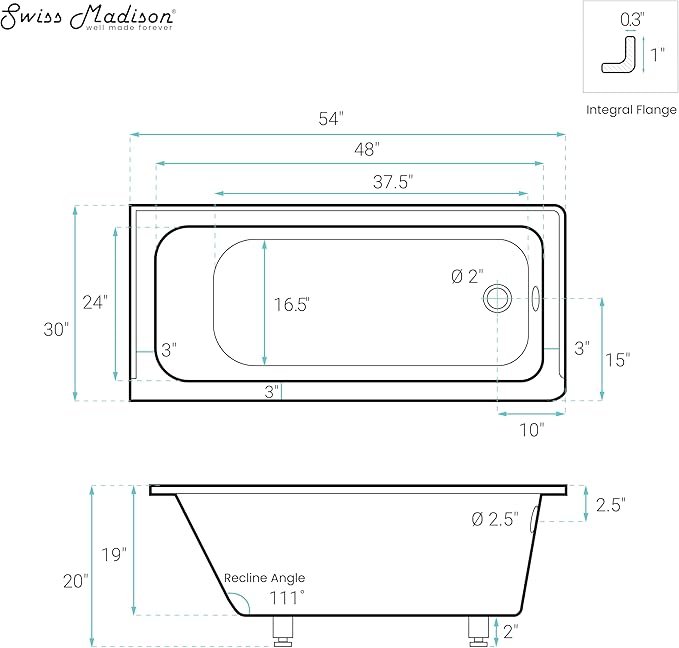 Swiss Madison Voltaire 54 x 30 Right Drain Soaking Alcove Bathtub in Glossy Black