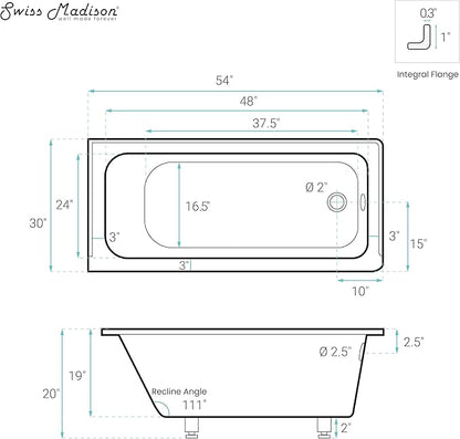 Swiss Madison Voltaire 54 x 30 Right Drain Soaking Alcove Bathtub in Glossy Black
