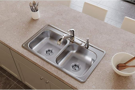 Dayton Stainless Steel 33" x 19" x 6-7/16", 2-Hole Equal Double Bowl Drop-in Sink