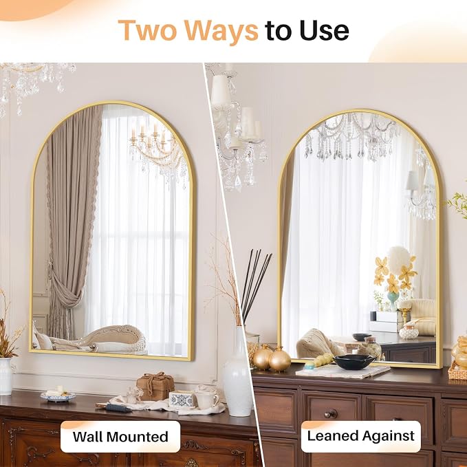 Bathroom Mirror for Wall, 36x24 Inch Arched Mirror, Matte Gold Metal Framed Bathroom Vanity Mirrors for Restroom Farmhouse, Anti-Rust, Tempered Glass, Hanging or Leaning