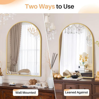 Bathroom Mirror for Wall, 36x24 Inch Arched Mirror, Matte Gold Metal Framed Bathroom Vanity Mirrors for Restroom Farmhouse, Anti-Rust, Tempered Glass, Hanging or Leaning
