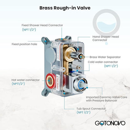 gotonovo Tub Shower Faucet Set with Valve Kit 10’’ Head,Polished Chrome | Shower System with Tub Spout,SUS304 Rain Head with Handheld Sprayer,Swivel Spout,All Metal,Rough-In Valve Trim Kit,Wall Mount