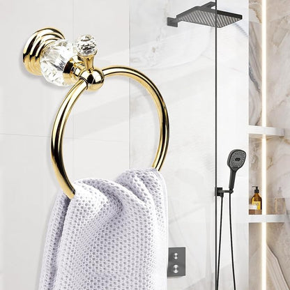 Luxury Crystal Series Toilet Paper Holder Wall Mouted Towel Ring, Gold Round Hand Towel Rack Decorative 2 Pieces Sets for Bathrooms