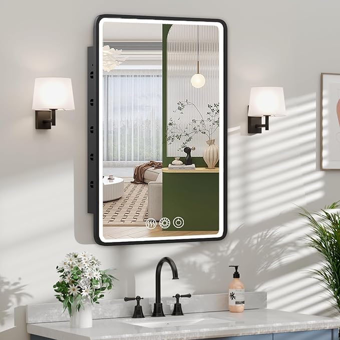 LED Medicine Cabinet Mirror for Bathroom 16x24 Inch, Recessed Medicine Cabinets with Lights, Anti-Fog Bathroom Mirror with Storage, Black Metal Frame, Adjustable Shelves, 3 Color Dimming