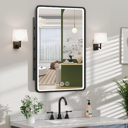LED Medicine Cabinet Mirror for Bathroom 16x24 Inch, Recessed Medicine Cabinets with Lights, Anti-Fog Bathroom Mirror with Storage, Black Metal Frame, Adjustable Shelves, 3 Color Dimming