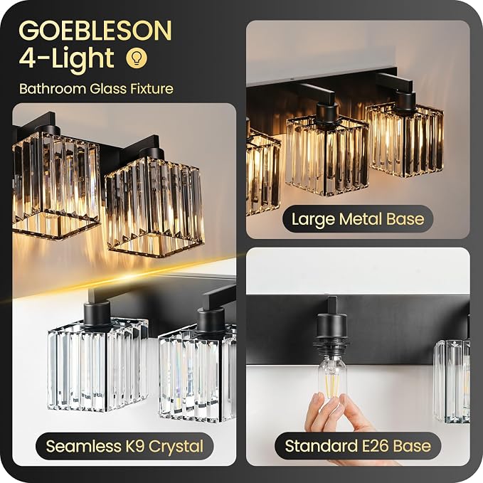 Modern Crystal Vanity Light, 3-Light Bathroom Light Fixture, 22" Square Vanity Lighting Fixture, E26 Base, Bulbs Not Included, for Bathroom,Vanity Light Over Mirror, Hallway,Black B06BD05W1