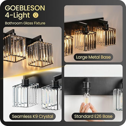 Modern Crystal Vanity Light, 3-Light Bathroom Light Fixture, 22" Square Vanity Lighting Fixture, E26 Base, Bulbs Not Included, for Bathroom,Vanity Light Over Mirror, Hallway,Black B06BD05W1