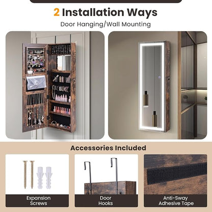 GOFLAME LED Mirror Jewelry Cabinet 47”, Wall/Door Mounted Full Length Mirror with Storage, 3-Color Lights, Interior Makeup Mirror, Jewelry Storage Organizer, Lockable Jewelry Armoire, Rustic Brown