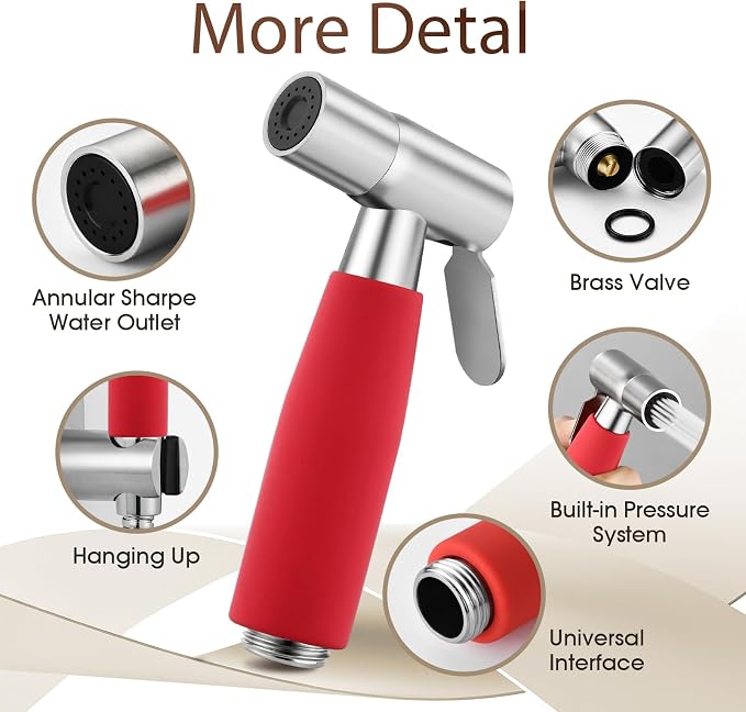 Handheld Bidet Sprayer Head, Stainless Steel Muslim Shower Head for Toilet, Adjustable Pressure Jet Sprayer for Feminine Hygiene and Pet Bath Bathroom Cloth Diaper Cleaning (Red)