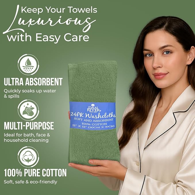 DAN RIVER 24 Pack Cotton Wash Cloths Set for Showering [12x12] Sage Green | Lighter Weight, Quick to Dry, Super Soft & Absorbent Face Towels, Hotel Quality, Perfect for Bathroom, Gym, Spa
