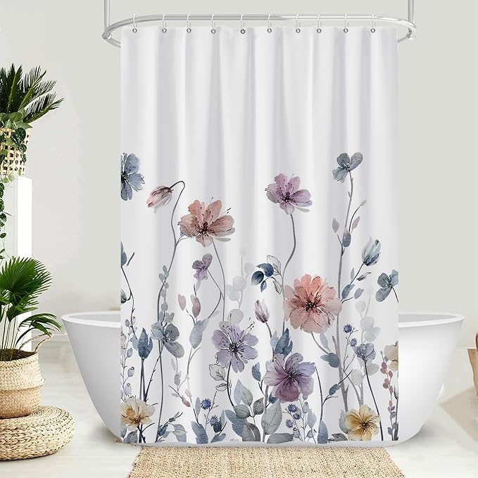 AWERT Wildflower Shower Curtain for Bathroom Watercolor Floral Shower Curtain with Hooks Waterproof Flower Printing Fabric Bathroom 48x72 Inch