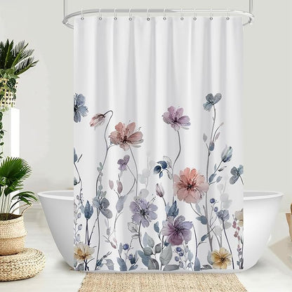 AWERT Wildflower Shower Curtain for Bathroom Watercolor Floral Shower Curtain with Hooks Waterproof Flower Printing Fabric Bathroom 48x72 Inch