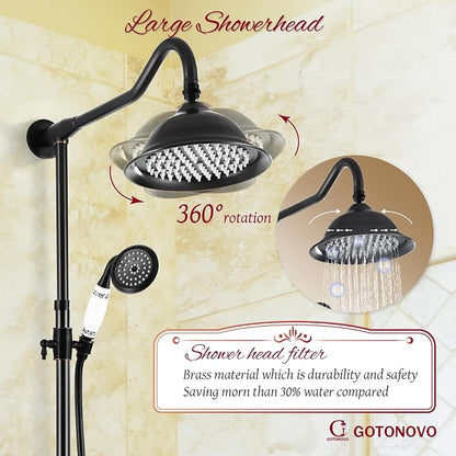 gotonovo Vintage Exposed Shower Faucet Set with Tub Spout,Oil Rubbed Bronze | Bathtub 8” Shower Head with Handheld System Fixtures Combo Kit,360°Rotation,Fast Filler,Extra Extension Tube,for 5-6.7" Hole