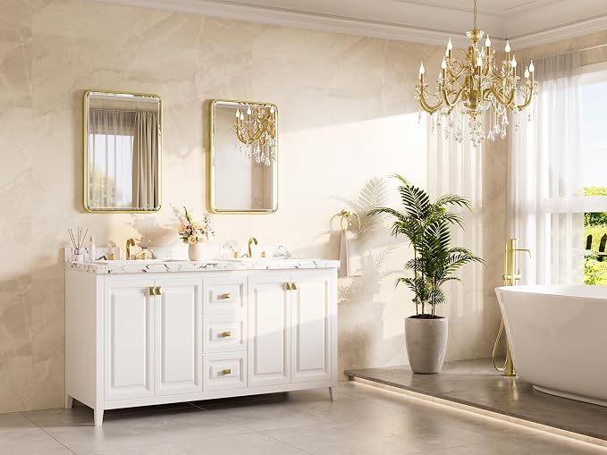 Brushed Gold Mirror 20 x 30 Beveled Edge Tempered Glass, Rounded Corner Rectangle Bathroom Mirror for Over Sink for Modern Bathroom, Living Room, Bedroom, Entryway