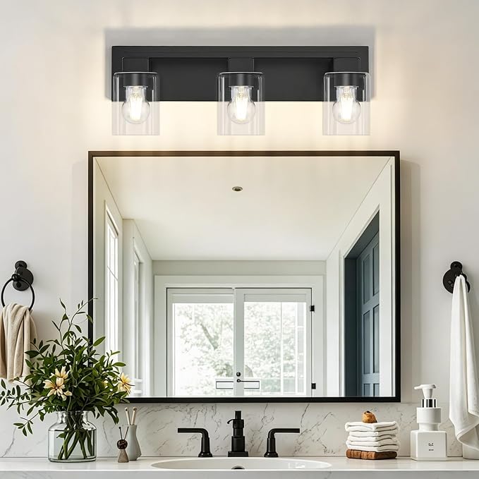 21.6 Inch Bathroom Light Fixtures, with Clear Glass Shade | 3-Light Matte Black Bathroom Lighting Fixtures Over Mirror, Modern Wall Light, bathroom vanity light E26 Socket, ETL