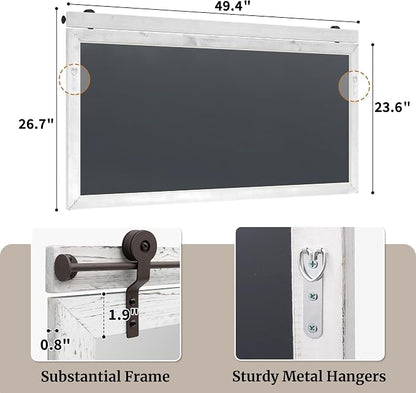 27"x49" Whitewashed Coastal Barn Door Wall Mirror with Wood Header | 100% solid wood, HD tempered glass, bronze-tone iron rail; large coastal farmhouse mirror for double vanity, mantel, entryway