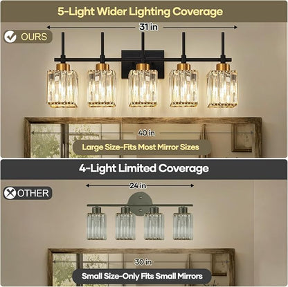 Torondo Modern Crystal Bathroom Vanity Light 5-Lights Gold Bathroom Light Fixtures Over Mirror Black and Gold Vanity Lighting Fixtures Gold Square Shade Brass Wall Sconce (Bulbs Not Include)