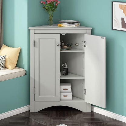 Corner Storage Cabinet with Two Doors for Bathroom, Living Room or Kitchen, Adjustable Shelf, Freestanding Floor Space Saver, Gray