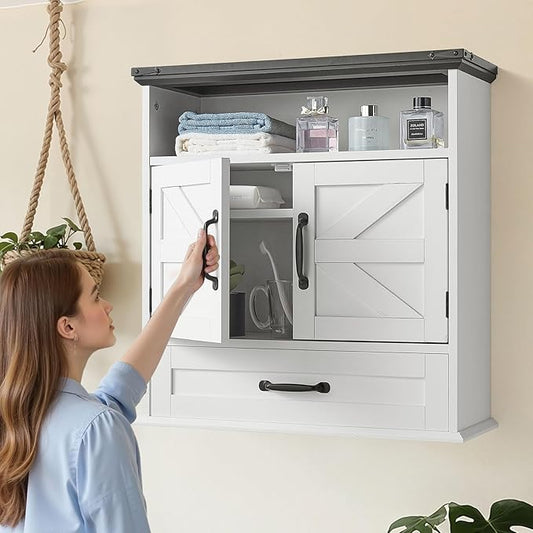 VEVOR Bathroom Wall Cabinet, 24" W x 25" H Storage Medicine Cabinet Wall Mounted, Hanging Organizer with Drawer & Open Partition for Laundry Room Kitchen Restroom, White