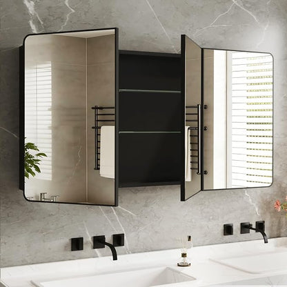 Medicine Cabinet Mirror 60x32 Inch, Triple-Door Bathroom Mirror Cabinet with Glass Adjustable Shelves, 3-Compartment Bathroom Mirror with Storage Recessed or Wall Mount