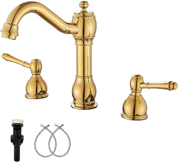 2 Handles 3 Holes Faucet Widespread Bathroom Sink Faucet Basin Tap Mixer Supply Hose Included Matching Pop Up Drain Polished Gold