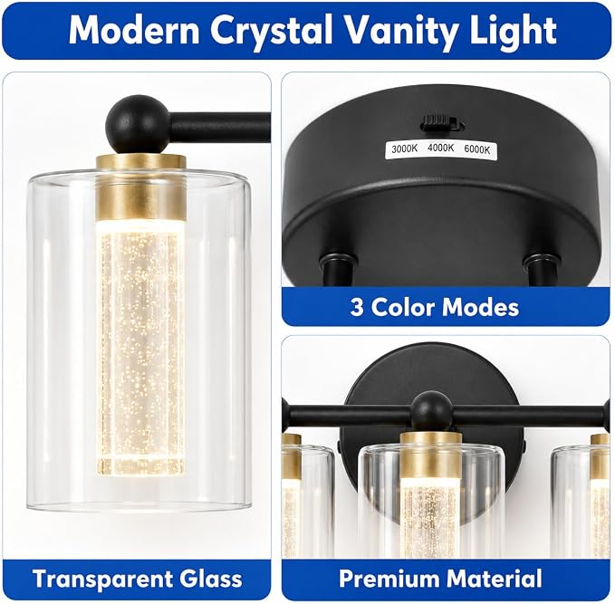 Black and Gold Vanity Light with 3 Color Modes, Eye Protection LED Bathroom Light Fixtures, Dimmable Modern Wall Light Over Mirror with Clear Glass Shade (Black & Gold, 3-Light)