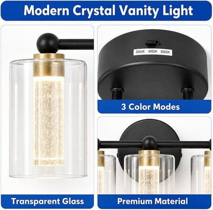Black and Gold Vanity Light with 3 Color Modes, Eye Protection LED Bathroom Light Fixtures, Dimmable Modern Wall Light Over Mirror with Clear Glass Shade (Black & Gold, 3-Light)