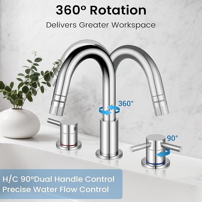 Pull-Down Bathroom Faucet 3 Hole 8 Inch with Pop-Up Drain,Chrome | 360° Swivel Spoutr & Dual Modes,8" Widespread 2-Handle, Pop-Up Drain & 10-Min Install for 3-Hole Bathroom Sink Faucets.