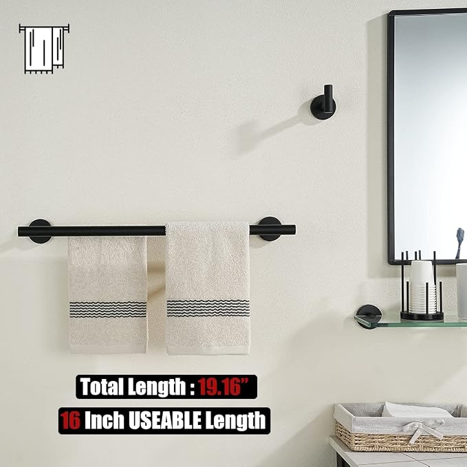JQK Black Double Towel Bar, 19 Inch 304 Stainless Steel Thicken 0.8mm Towel Rack Bathroom, Towel Holder Matte Black Wall Mount, Useable Length 16 Inch, TB100L16-PB