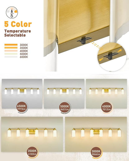 HWH Bathroom Vanity Light Fixtures 6-Light, Brushed Gold, 5HLT63B-6W-LED BG | Dimmable, 5CCT, 36W, Vanity Light Over Mirror, Brass Wall Vanity Lights, Bathroom Light, Metal Fixture Body, For Hallway