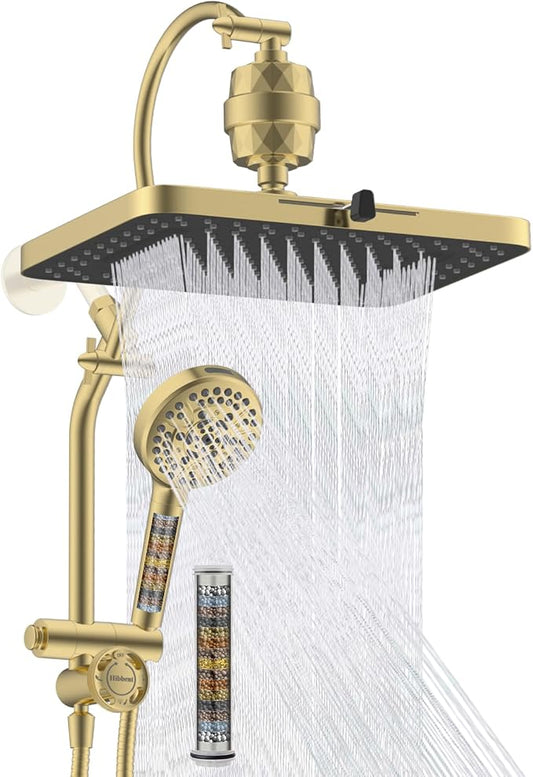 Hibbent 5-spray Dual Filtered Rainfall Shower Head with 10 Spray Handheld | High Pressure 13'' Showerhead Combo, Easy Reach 4-way Diverter Arm with Pause Mode, 71'' Hose & Holder, Brushed Gold