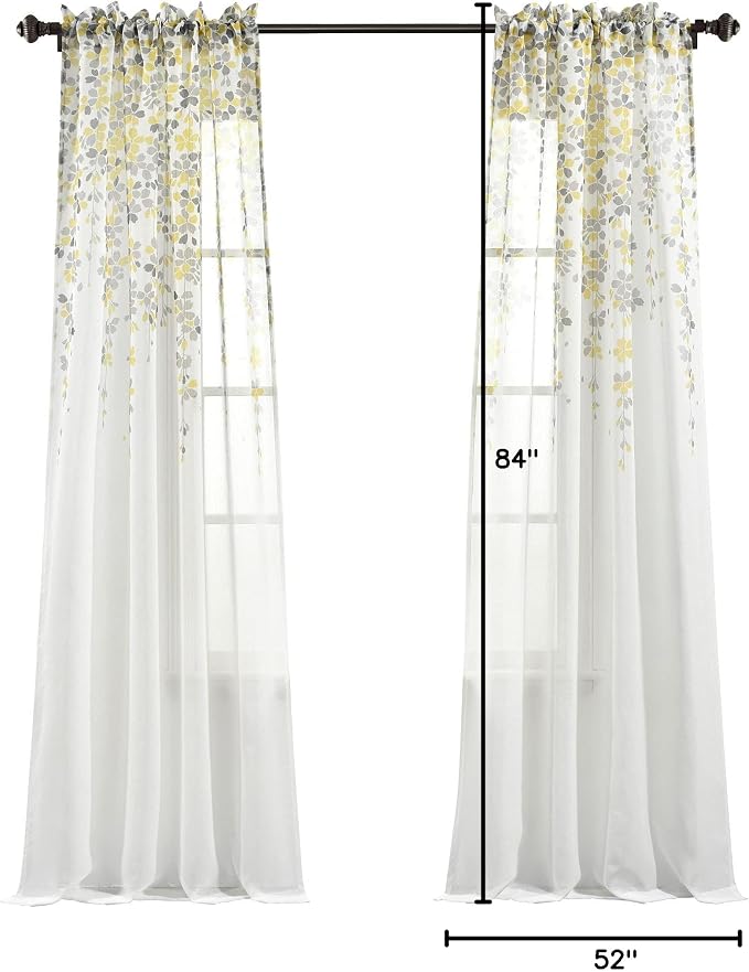 Lush Decor Weeping Flower Sheer Window Curtain Panels, Pair, 38" W x 84" L + 2" Header, Yellow & Gray - Sheer Curtains - Farmhouse Decor - Floral Curtains for Living Room, Bedroom & Dining Room