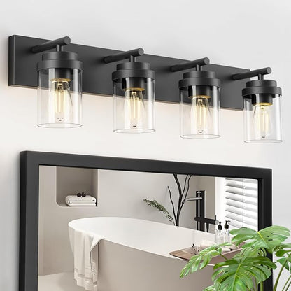 IZORRO Bathroom Vanity Light Fixture, 4-Light 30 Inch Matte Black Bathroom Light Fixtures Over Mirror, with Clear Glass Shade, Modern Farmhouse Vanity Lights, Rustic Restroom Lighting Fixtures