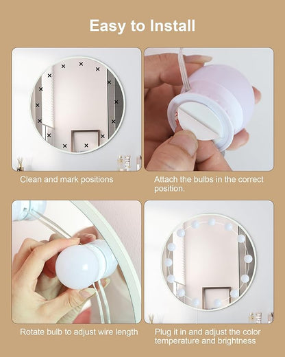 14 Bulbs LED Vanity Lights for Mirror, 3000K 4000K 6500K & 10-Brightness, Wire Length Adjustable, USB Cable, Hollywood Mirror Lights for Makeup Dressing Room Bathroom, White
